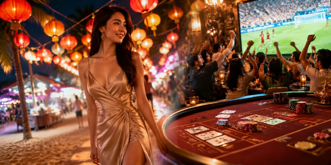 Bàn Baccarat tại chợ đêm Mũi Né với ánh đèn màu sắc và người chơi tập trung