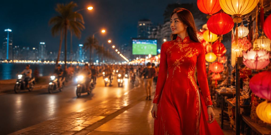 Phụ nữ Việt Nam mặc áo dài tại Nha Trang theo dõi kèo bóng đá trực tuyến trên điện thoại